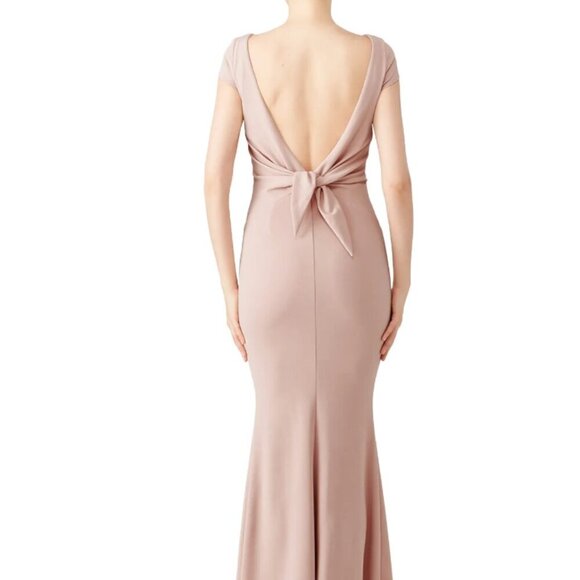 Katie May Blush Pink Boat Neck Low back Bow Full Length Designer Formal Gown - Picture 3 of 15